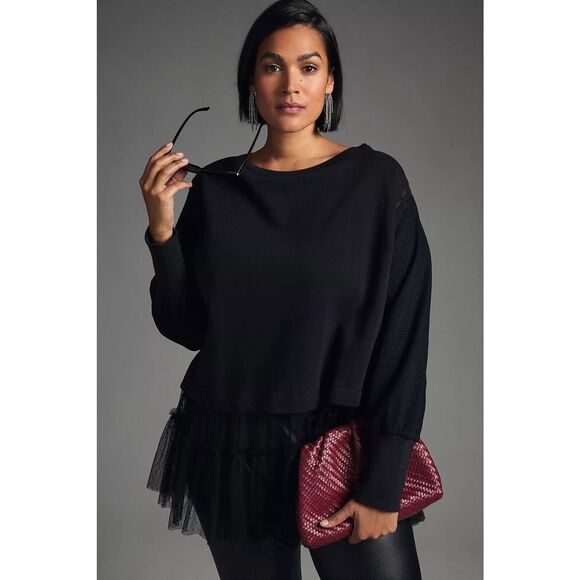 New Anthropologie Tulle Sweatshirt Black Oversized Size Small - Picture 2 of 14